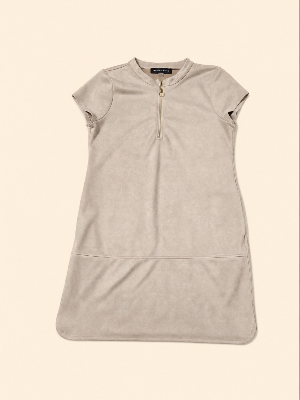 Andrew Marc Taupe Short-Sleeve Midi Dress with Gold Zipper